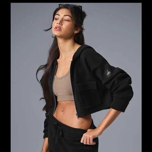 ALO YOGA Matching Set Scholar Black Knit Cargo Full Zip Hoodie Jacket + Pants